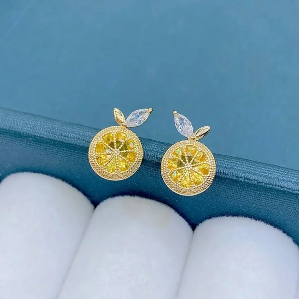Jeweled Orange Diamond Fruit Gold Stud Minimalist Dainty Luxury Unique Earrings